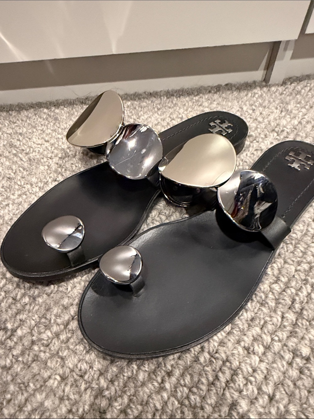 Tory Burch Black Leather Toe-Ring Sandals with Silver discs. Never worn.